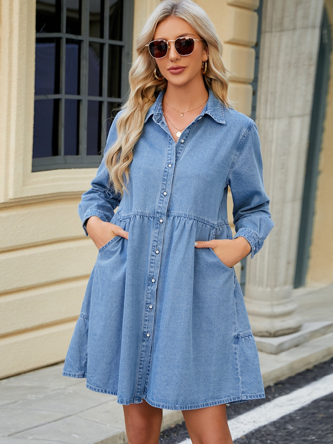 The Sharlene Button Up Long Sleeve Denim Dress