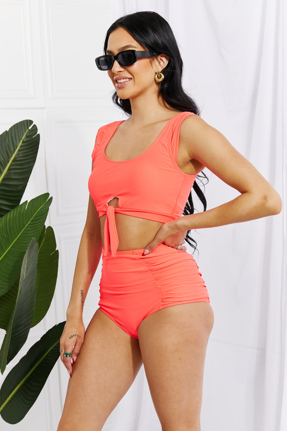 Coral High Waisted Ruched Two Piece