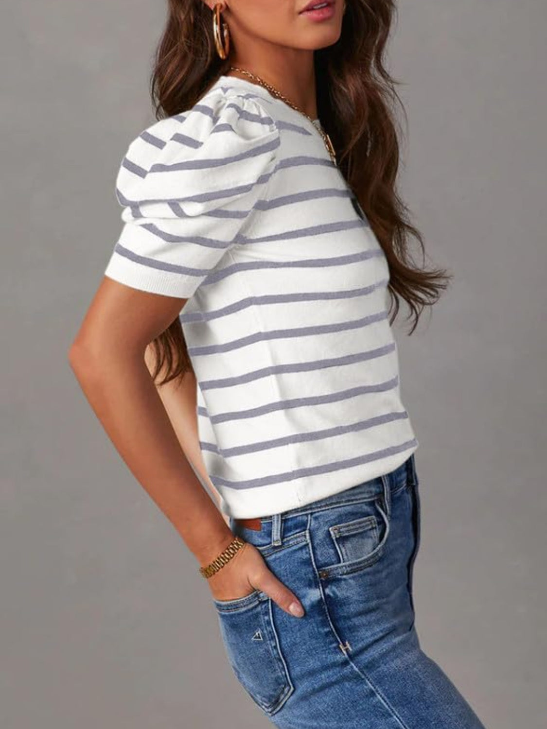 NEW! Striped Puff Sleeve Knit Tee