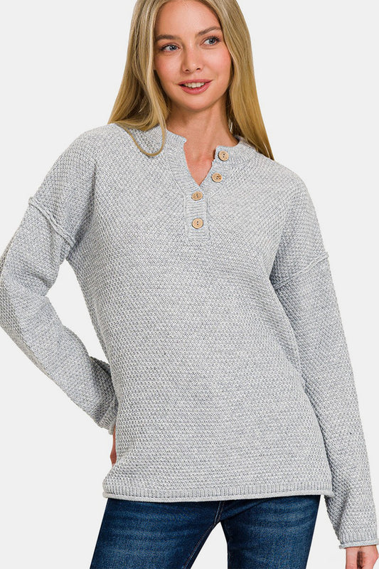 NEW! Button Closure Drop Shoulder Sweater