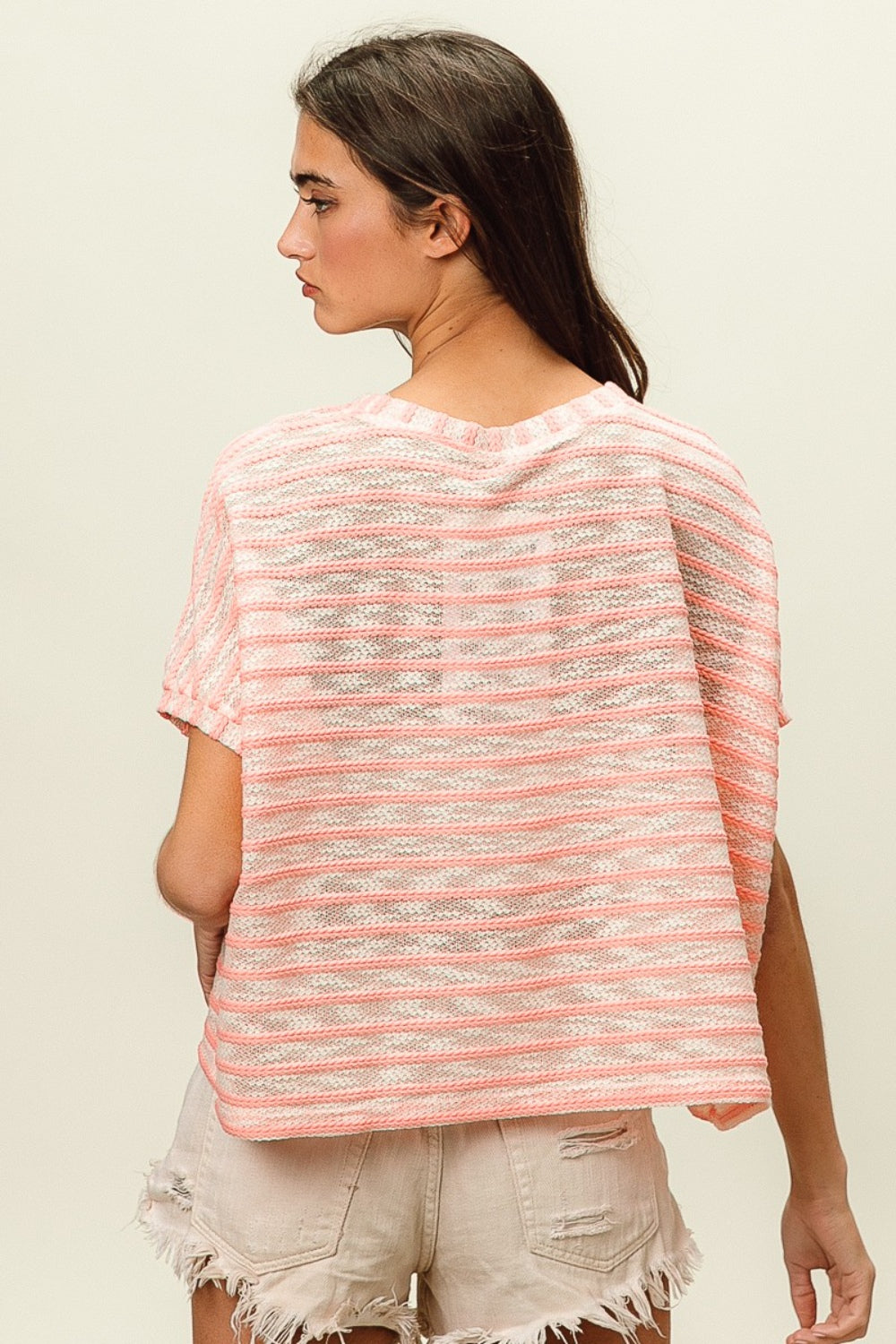 Braided Striped Short Sleeve Round Neck T-Shirt