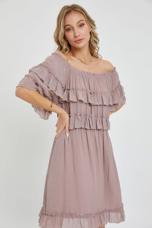 NEW! Off Shoulder Boho Ruffle Midi Dress