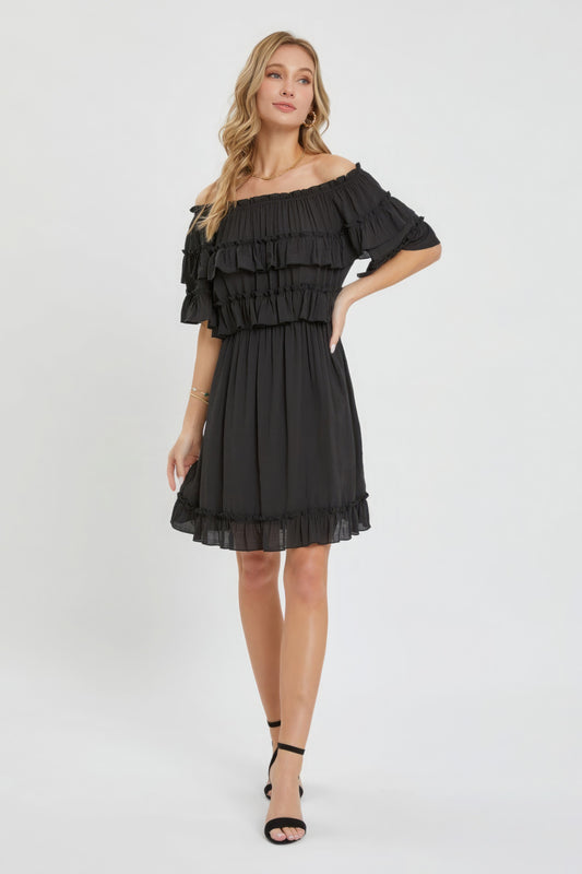 NEW! Off Shoulder Boho Ruffle Midi Dress