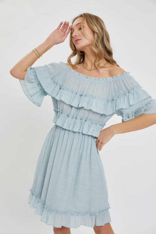 NEW! Off Shoulder Boho Ruffle Midi Dress