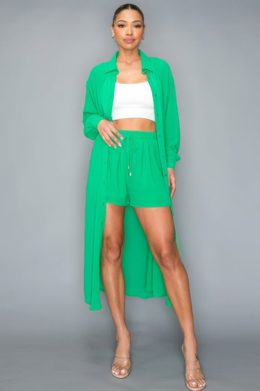 Chiffon Long Sleeve Side Slit Long Top With Short Set