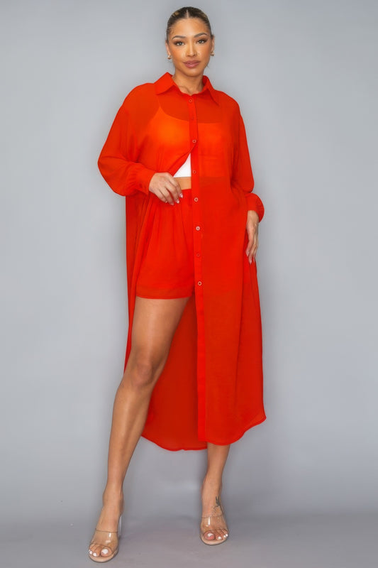 Chiffon Long Sleeve Side Slit Long Top With Short Set