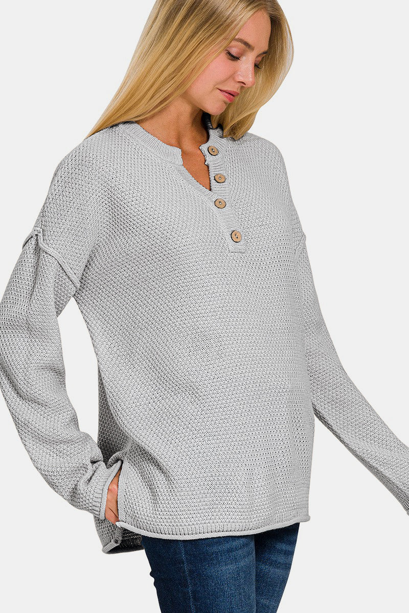 NEW! Button Closure Drop Shoulder Sweater