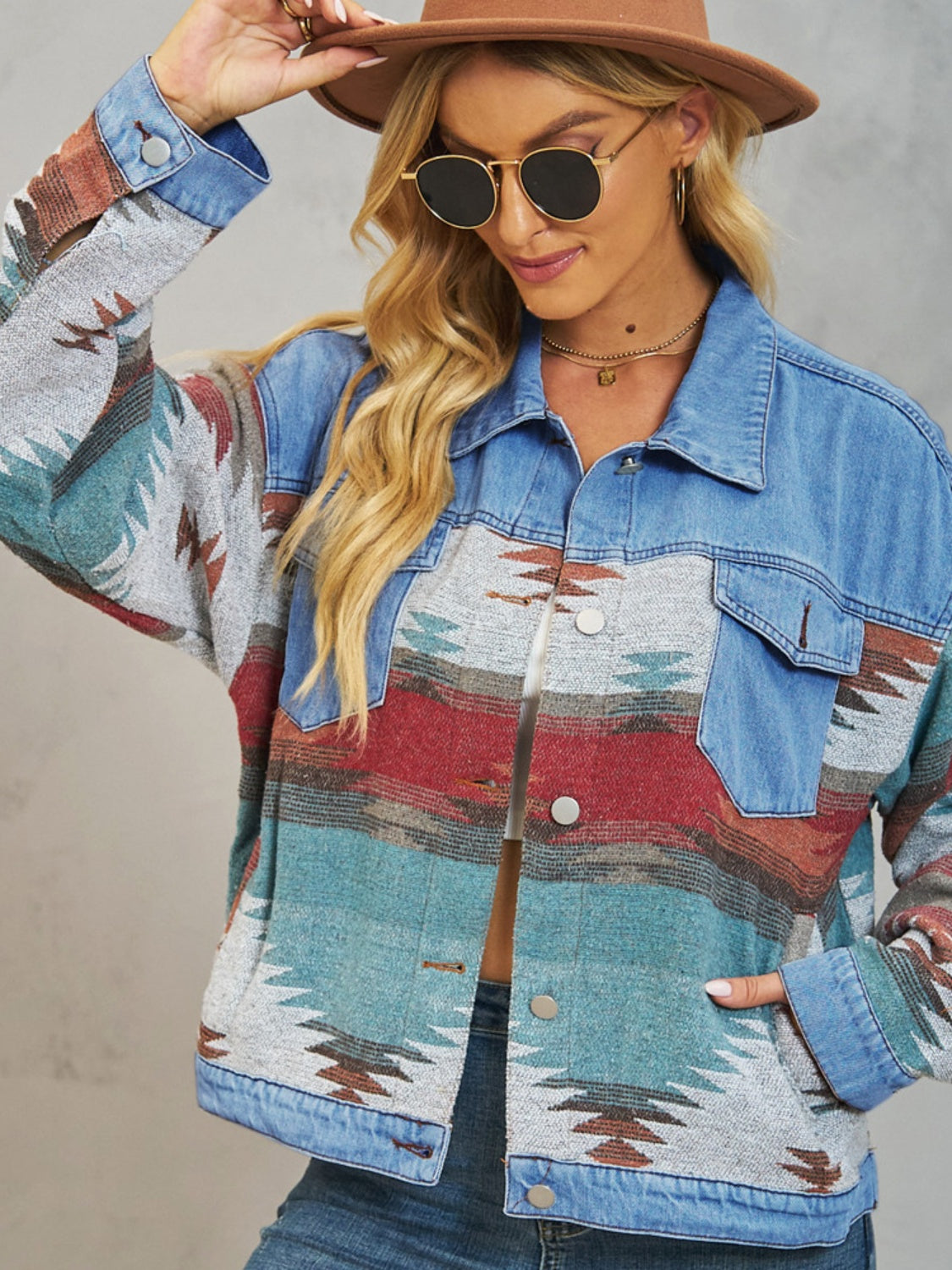 Geometric Button Up Denim Jacket