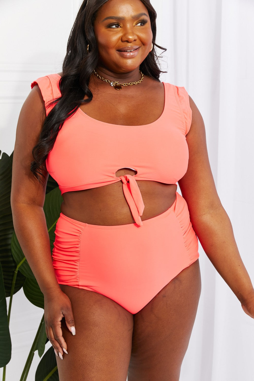 Coral High Waisted Ruched Two Piece