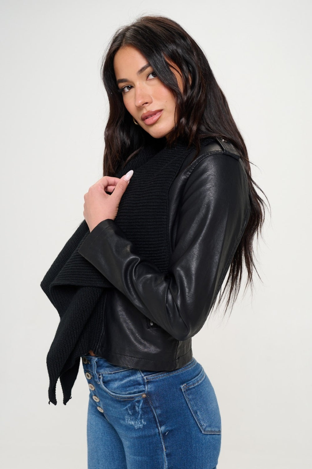 Knit Collared Faux Leather Crop Jacket