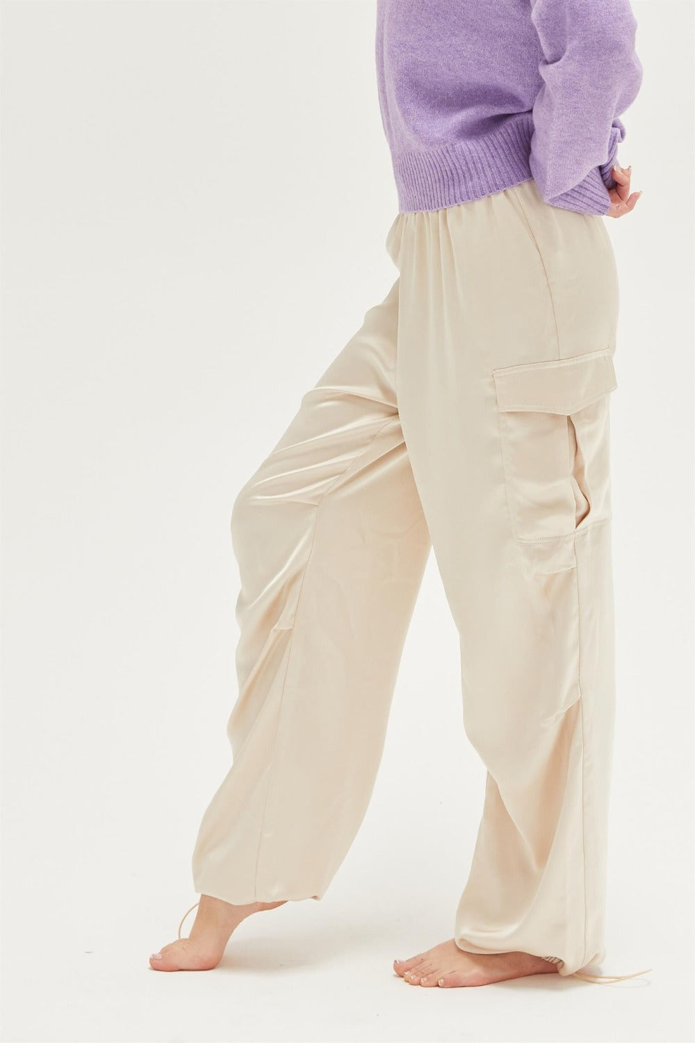 The Liora Satin Drawstring Hem Cargo Pants