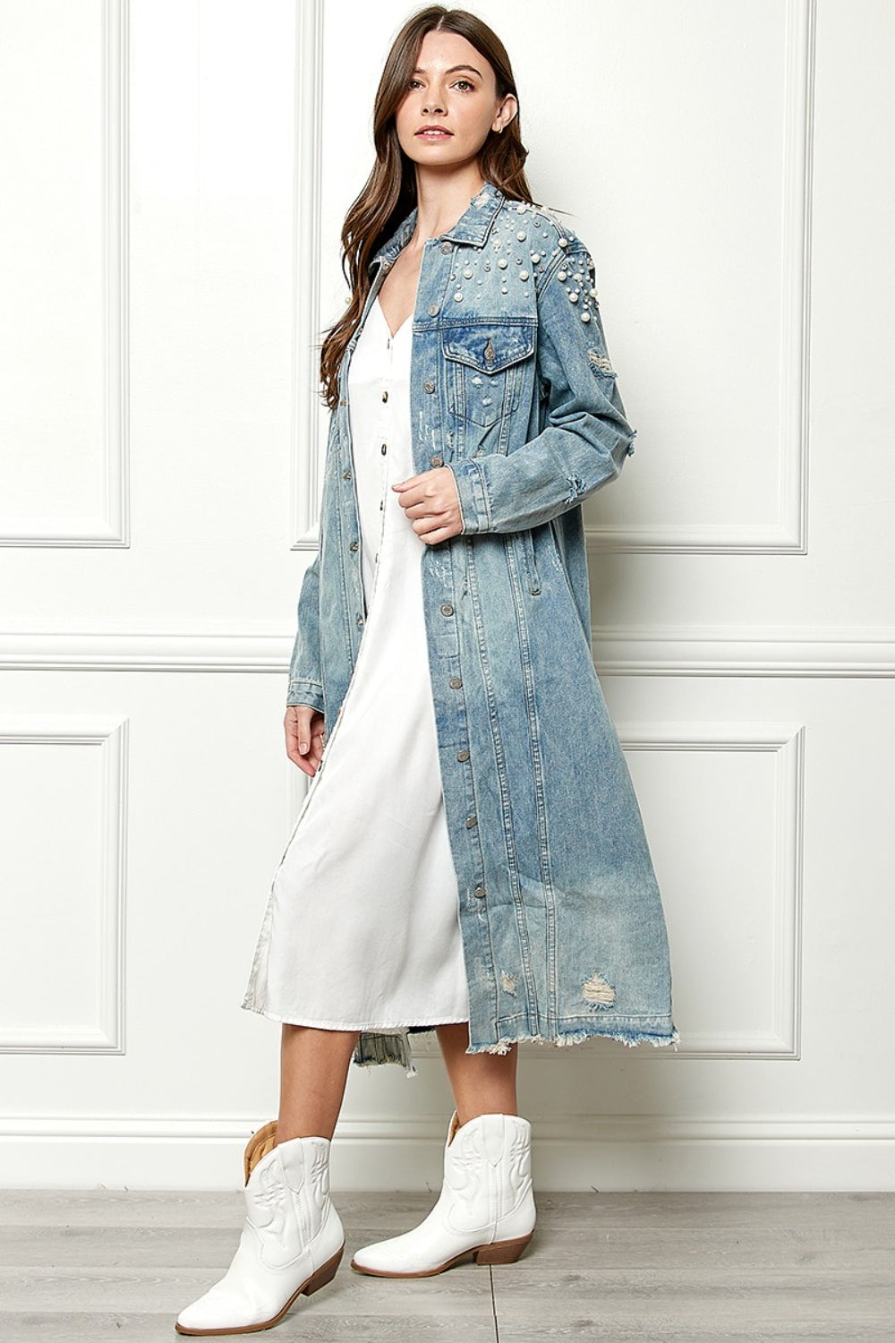 Distressed Raw Hem Pearl Detail Button Up Jacket