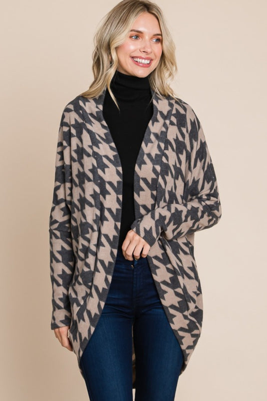 The Aurinda Houndstooth Open Front Cocoon Knit Cardigan