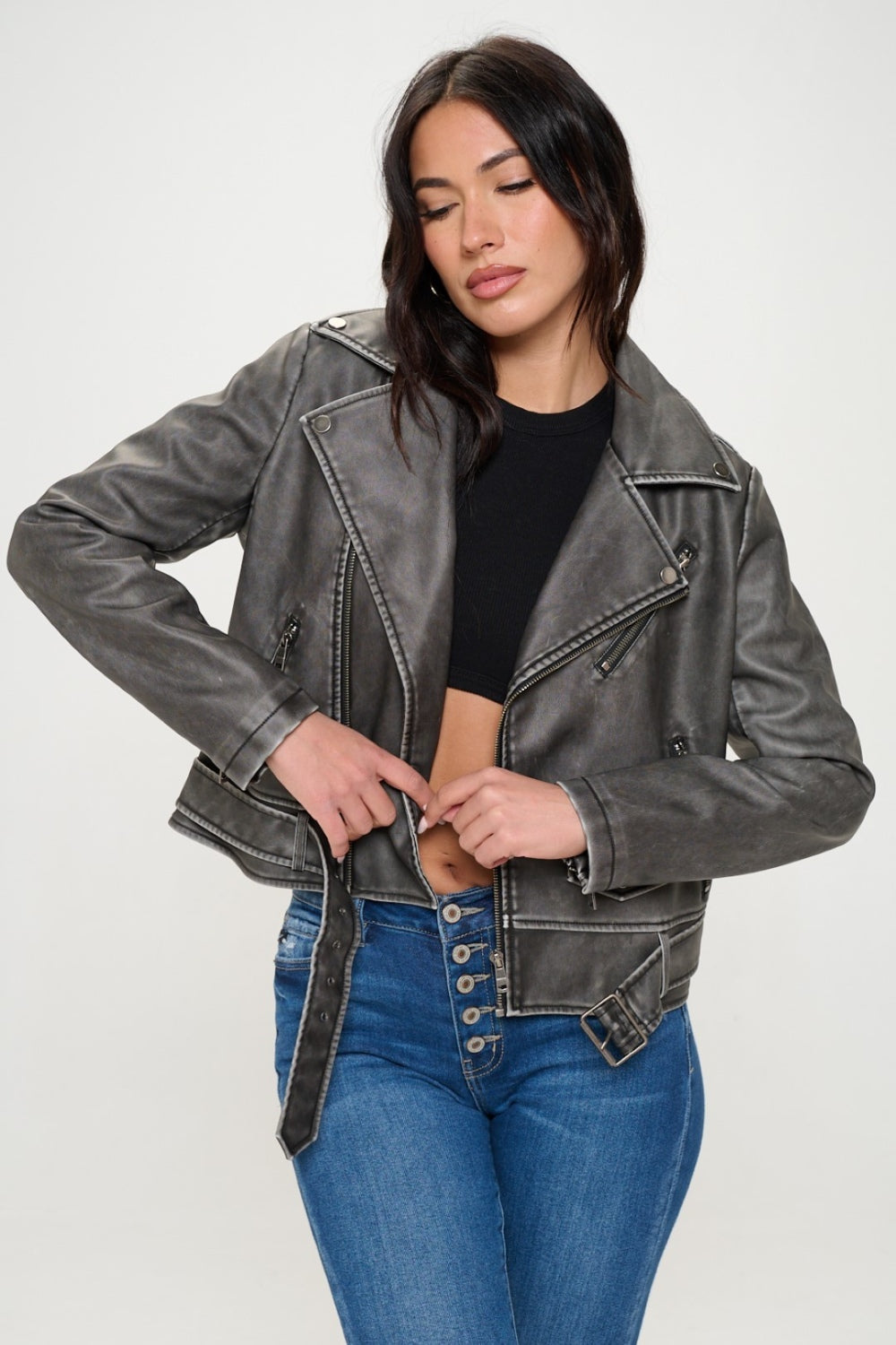 Zip Up Biker Jacket with Belt