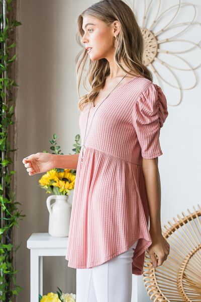 The Collins Waffle Knit V-Neck Babydoll Top