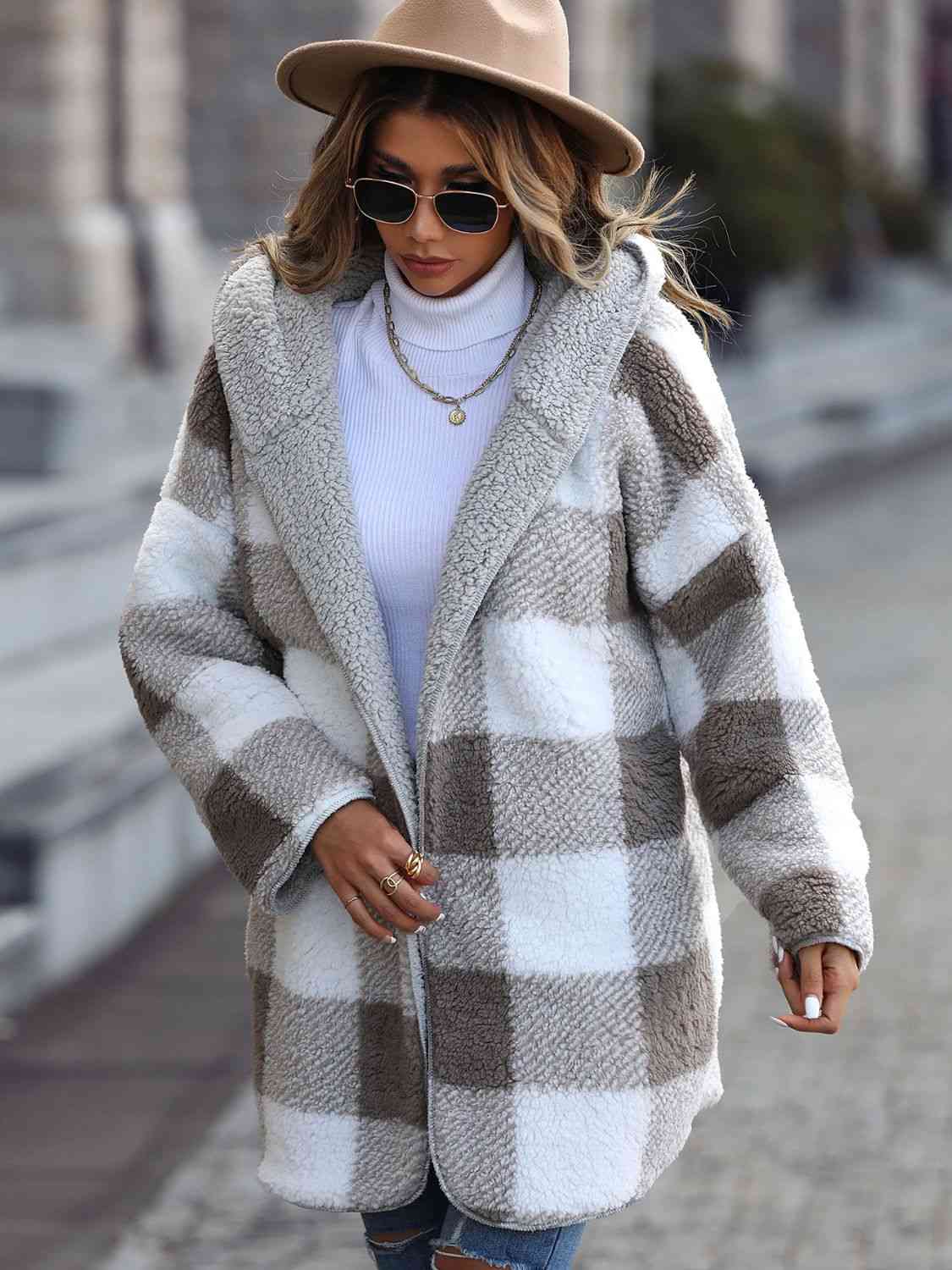 The Gracie Plaid Open Front Hooded Coat